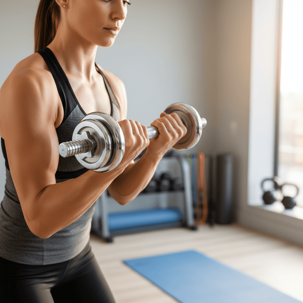 Woman gripping dumbbells during intense upper-body workout, natural sunlight streaming through home gym window