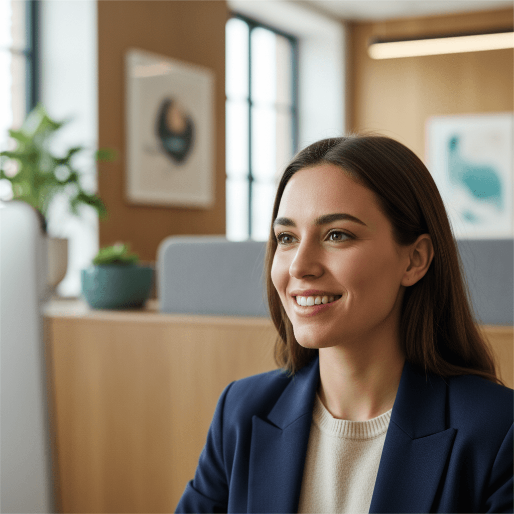Professional woman smiling confidently while engaged with computer screen in bright modern office setting