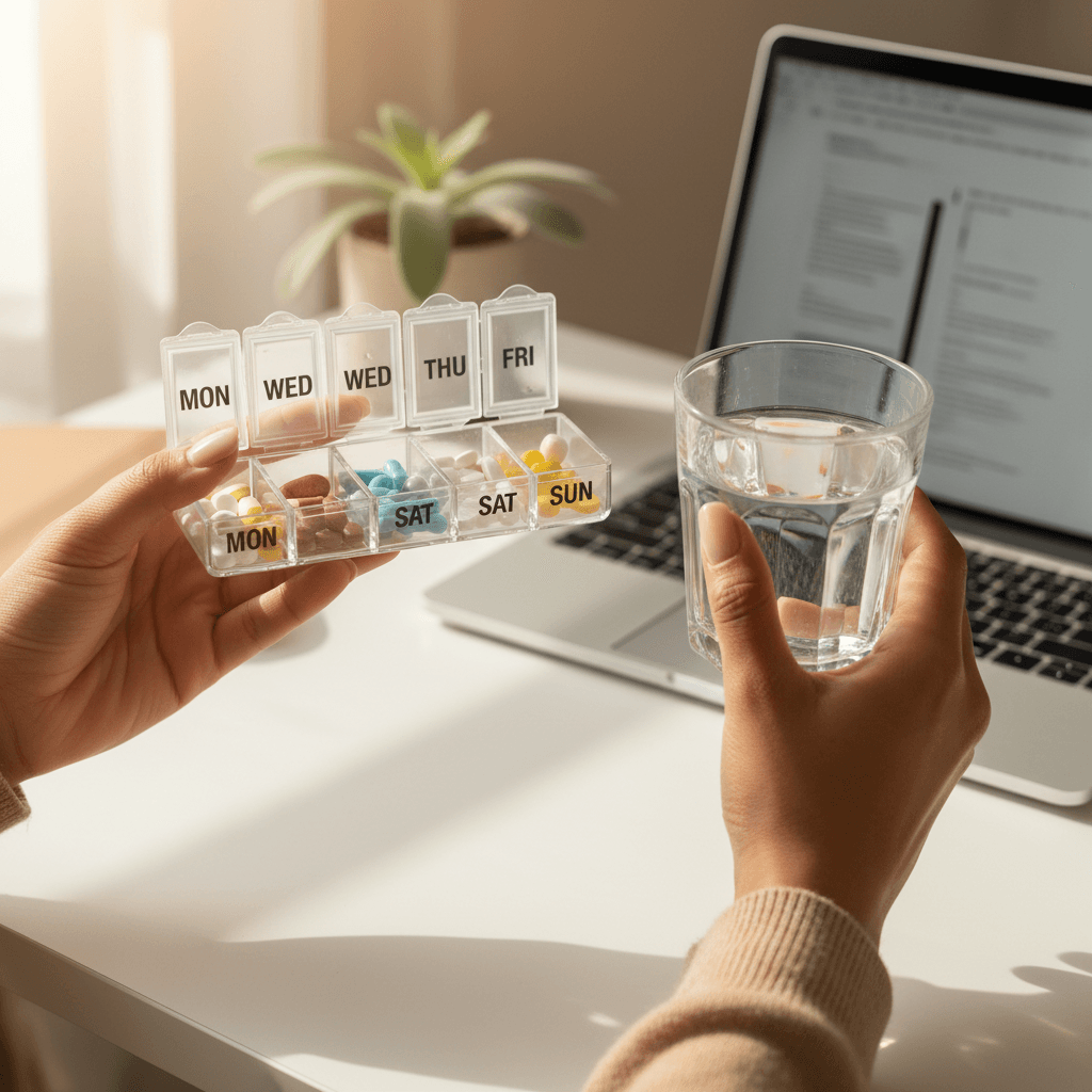 Woman's hands organizing daily supplements with water glass in bright, minimalist home wellness space