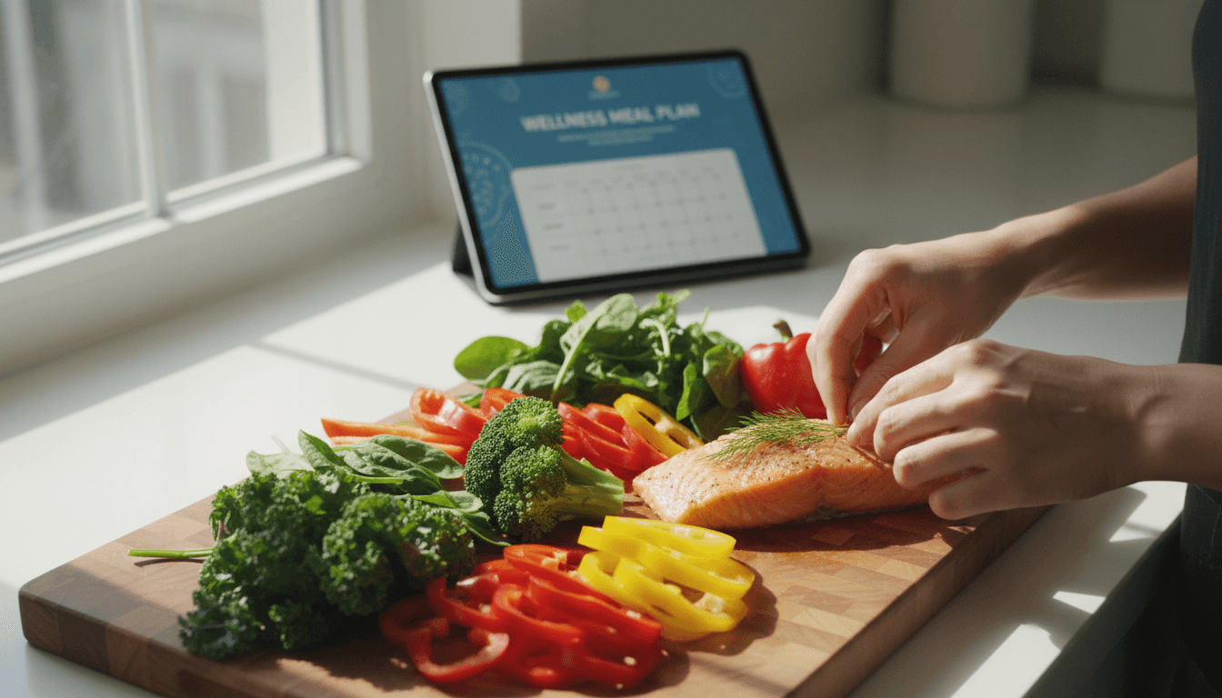 Woman arranging fresh colorful vegetables and salmon on cutting board with meal plan app visible on kitchen tablet